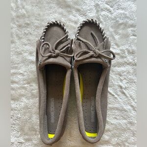 Minnetonka Taupe Suede Bow Moccasins